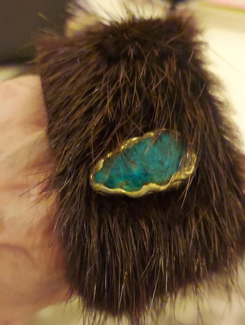Faux Fur Cuff Bracelet  with Turquoise Stone Accent